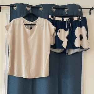 SHEIN Cream Top and Navy Floral Shorts Set